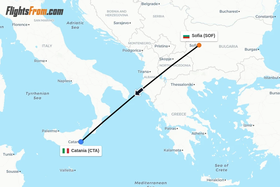 Flights from Sofia to Catania route map