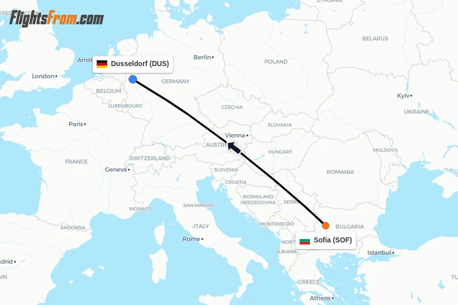 Flights from Sofia to Dusseldorf route map