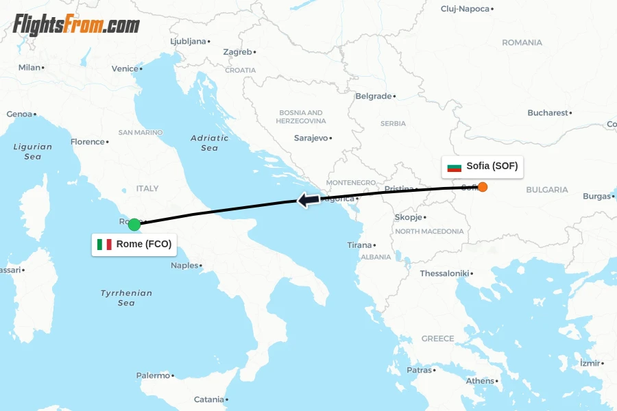 Flights from Sofia to Rome route map