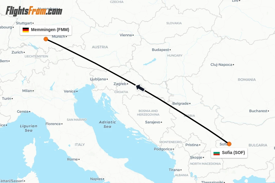 Flights from Sofia to Memmingen route map