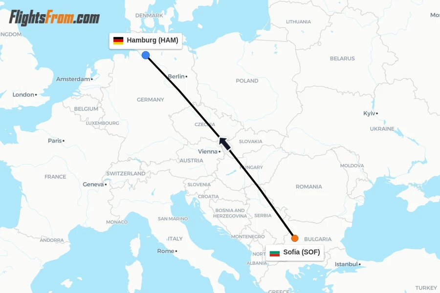 Flights from Sofia to Hamburg route map