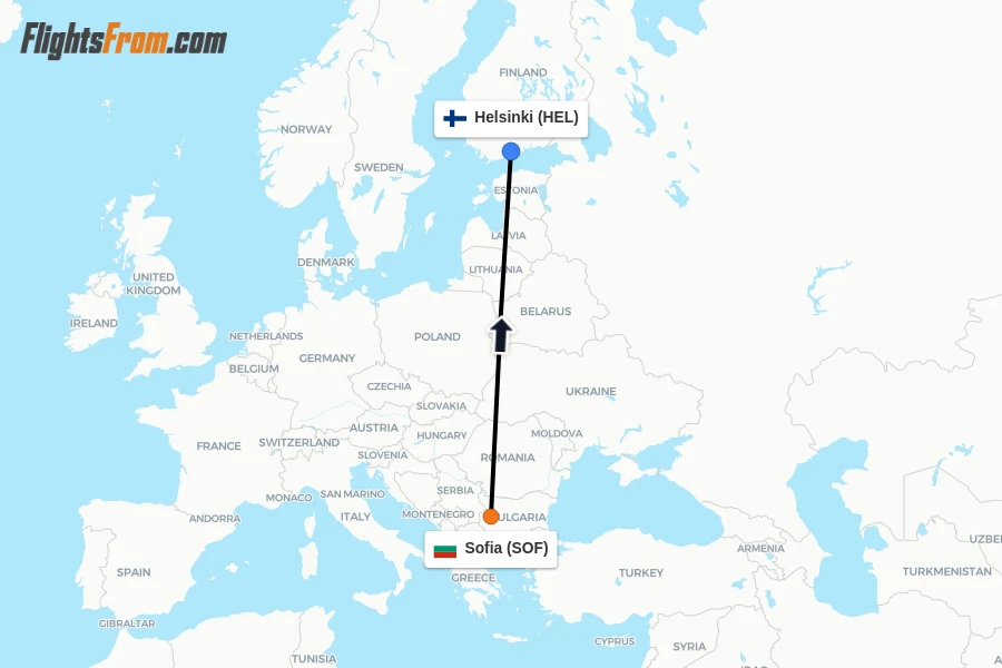 Flights from Sofia to Helsinki route map