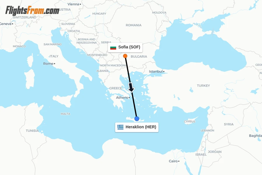 Flights from Sofia to Heraklion route map