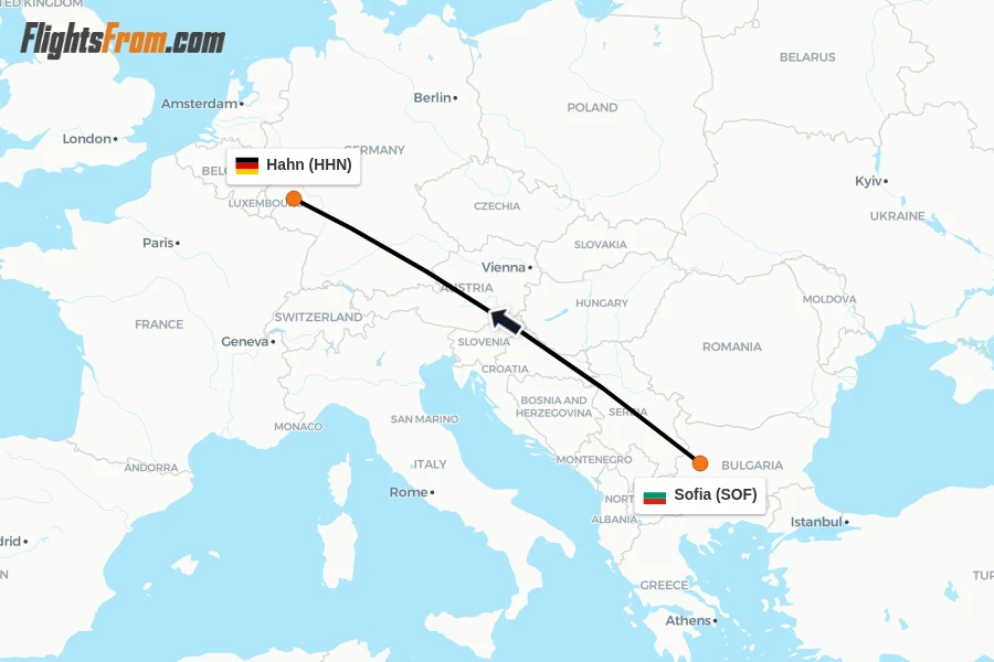 Flights from Sofia to Hahn route map