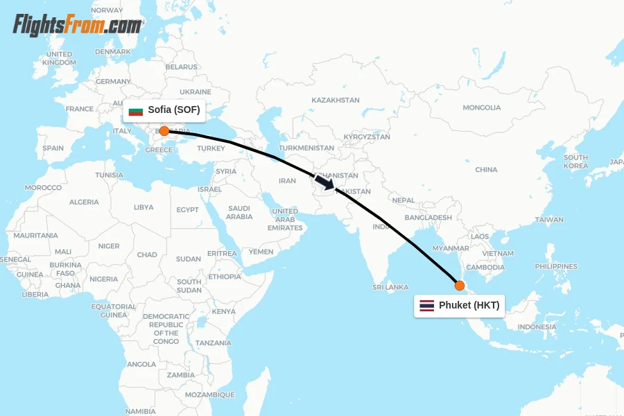 Flights from Sofia to Phuket route map