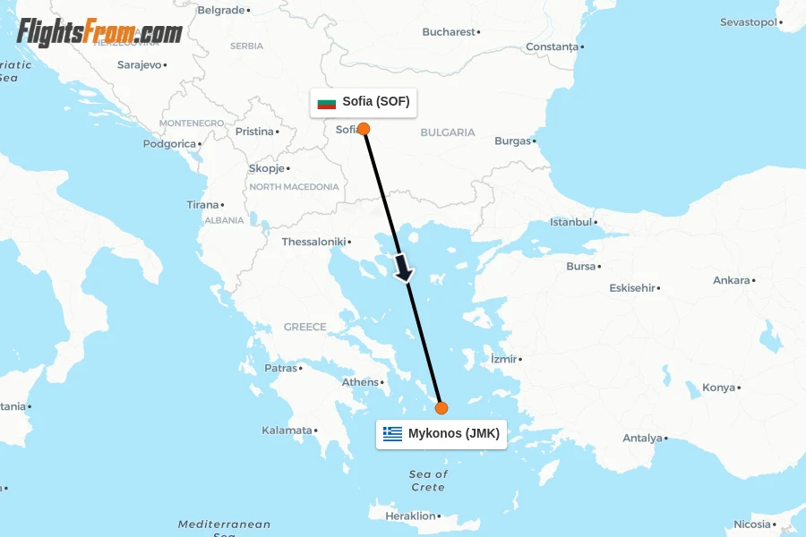 Flights from Sofia to Mykonos route map