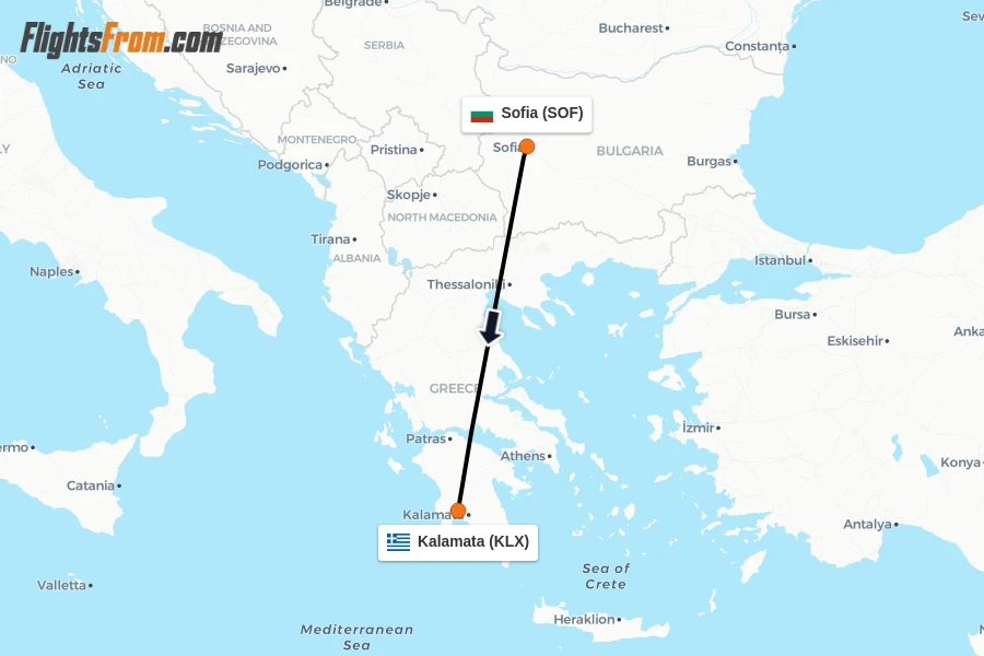 Flights from Sofia to Kalamata route map
