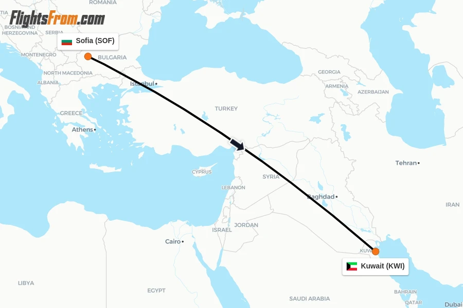 Flights from Sofia to Kuwait route map