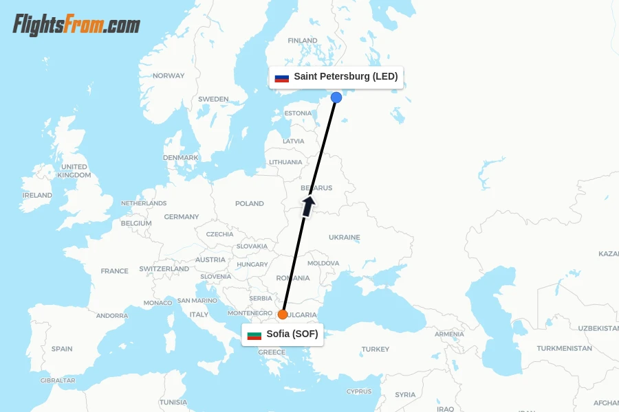 Flights from Sofia to Saint Petersburg route map