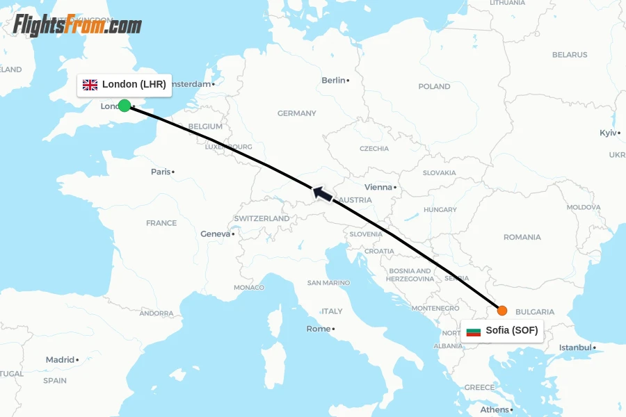 Flights from Sofia to London route map