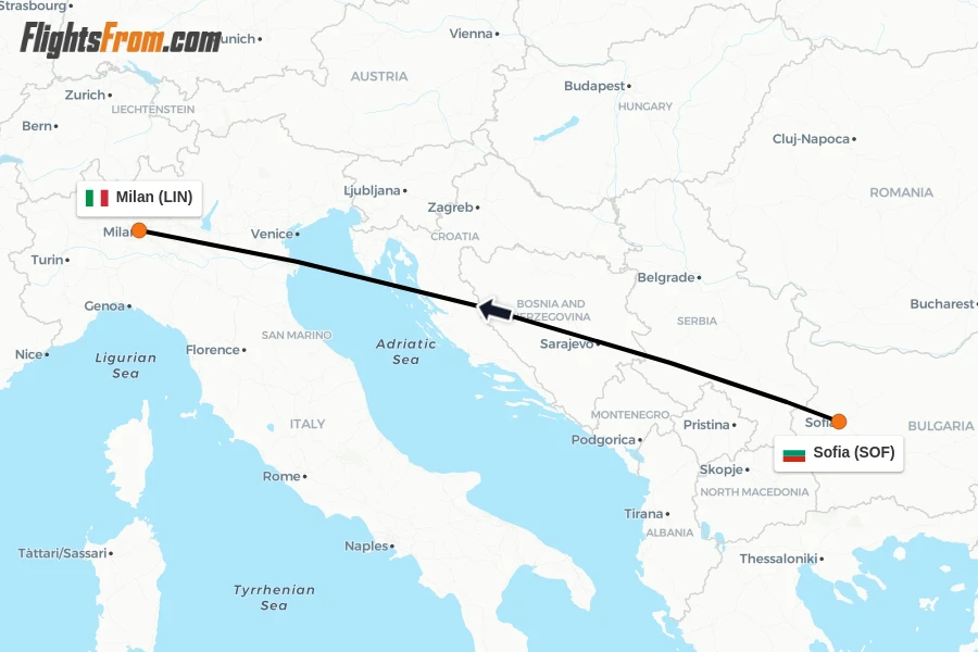 Flights from Sofia to Milan route map