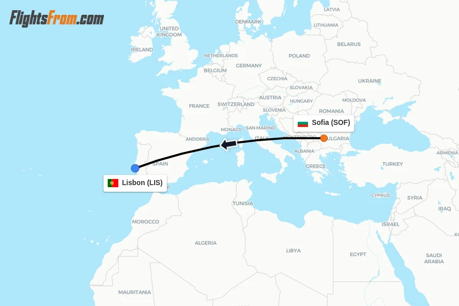 Flights from Sofia to Lisbon route map
