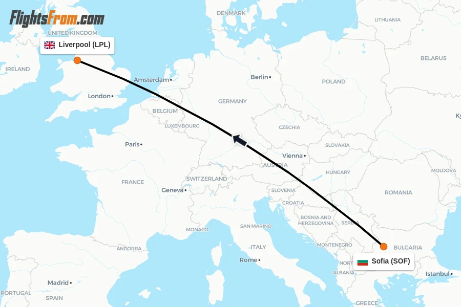 Flights from Sofia to Liverpool route map