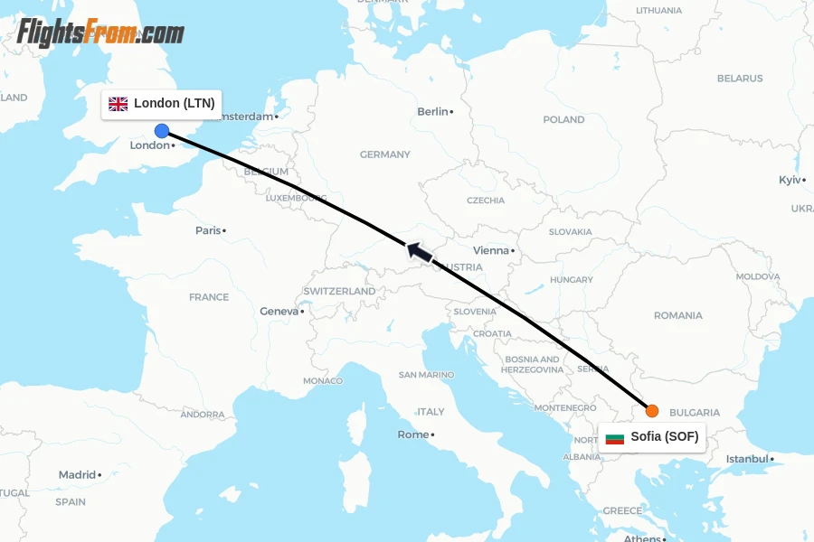 Flights from Sofia to London route map
