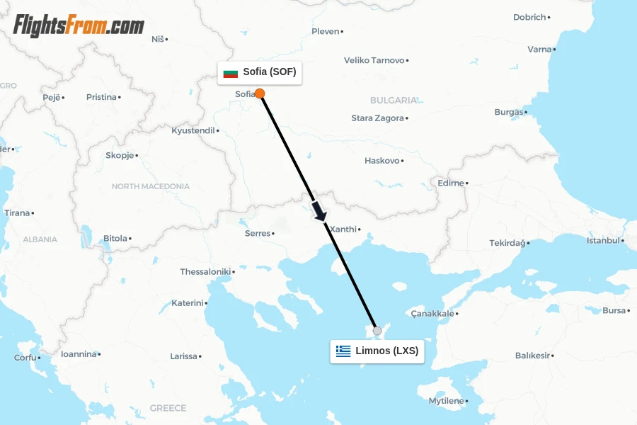 Flights from Sofia to Limnos route map