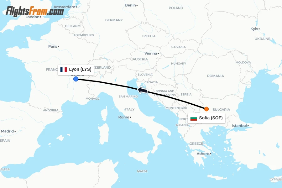 Flights from Sofia to Lyon route map