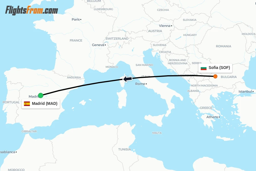 Flights from Sofia to Madrid route map