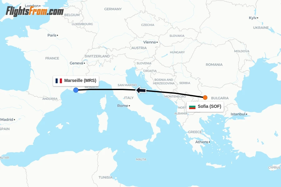 Flights from Sofia to Marseille route map