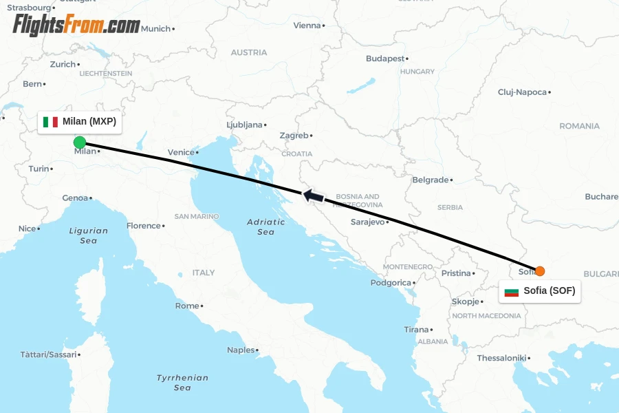 Flights from Sofia to Milan route map