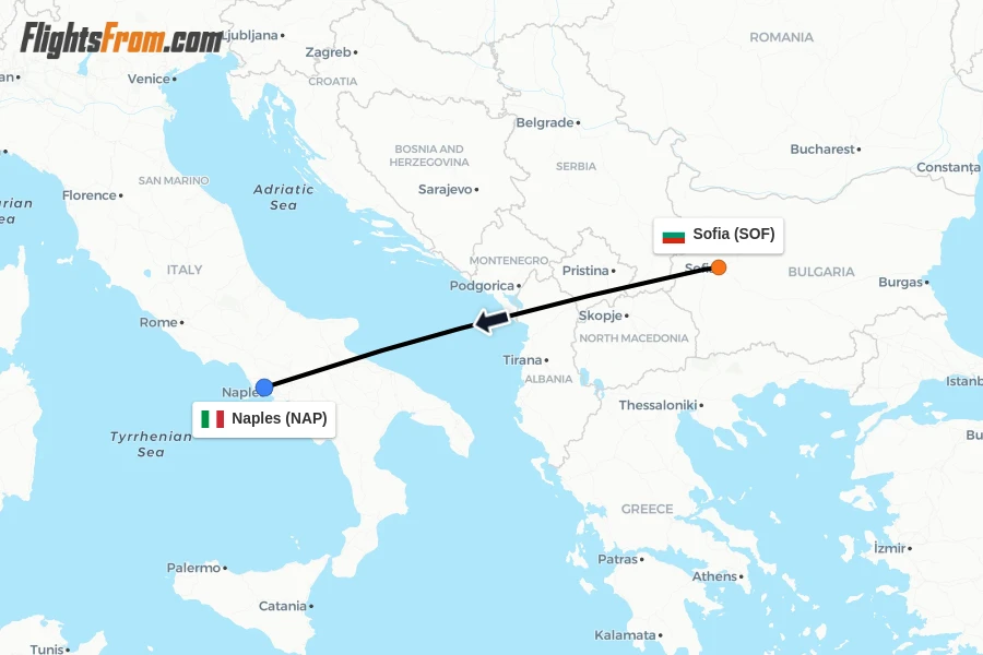 Flights from Sofia to Naples route map