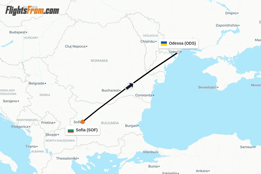 Flights from Sofia to Odessa route map