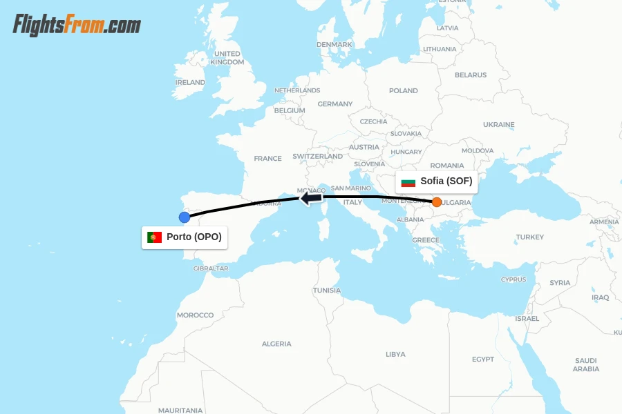 Flights from Sofia to Porto route map