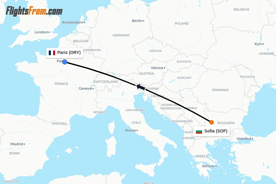 Flights from Sofia to Paris route map
