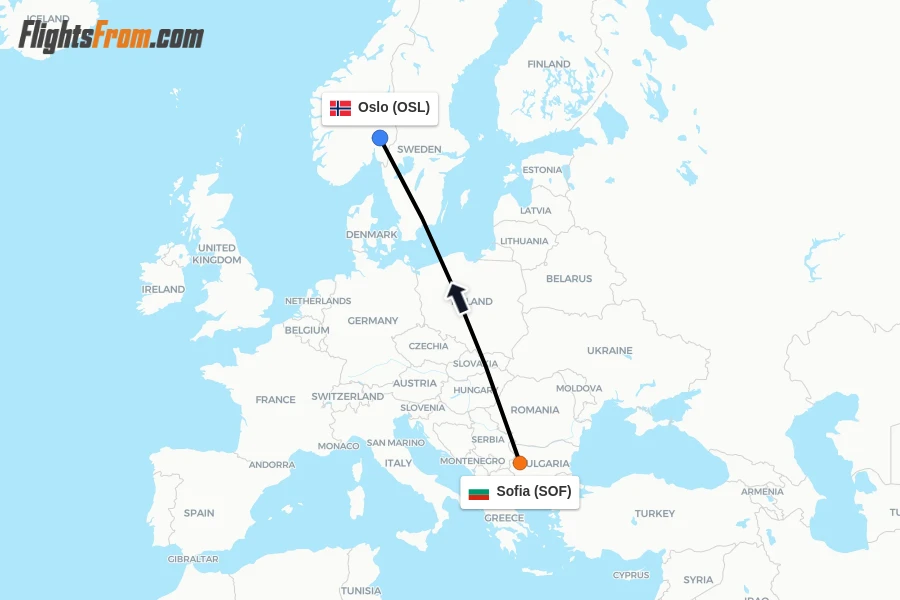Flights from Sofia to Oslo route map
