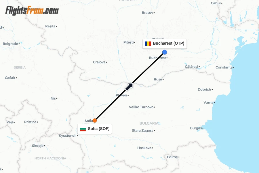 Flights from Sofia to Bucharest route map