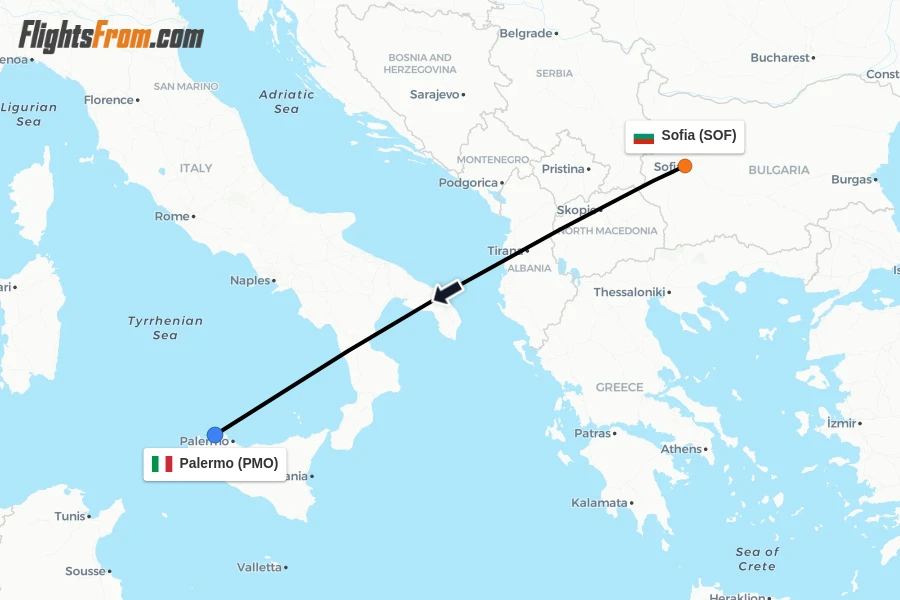 Flights from Sofia to Palermo route map