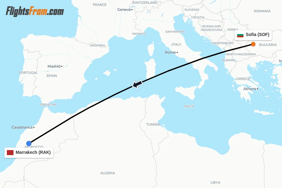 Flights from Sofia to Marrakech route map