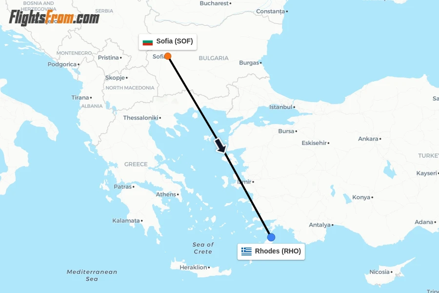 Flights from Sofia to Rhodes route map