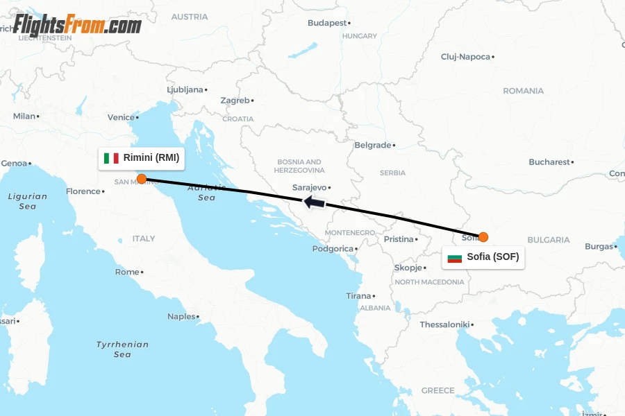 Flights from Sofia to Rimini route map