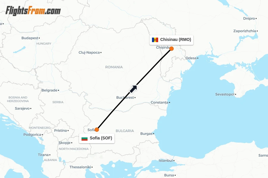 Flights from Sofia to Chisinau route map