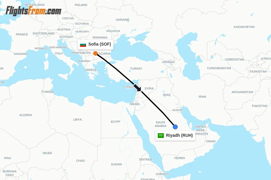 Flights from Sofia to Riyadh route map