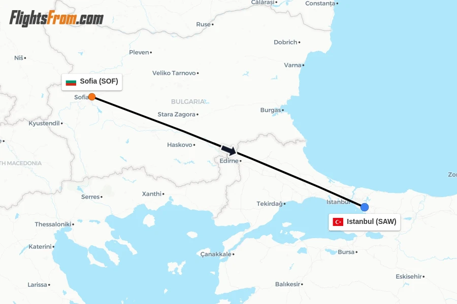 Flights from Sofia to Istanbul route map
