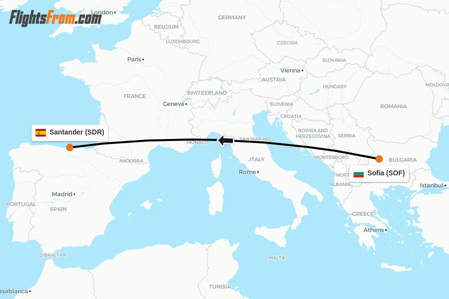 Flights from Sofia to Santander route map