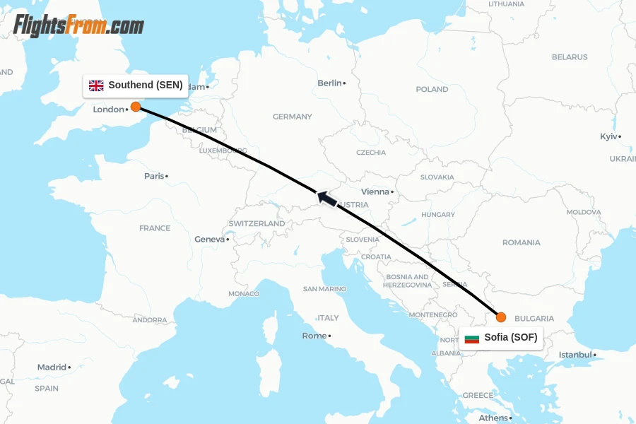 Flights from Sofia to Southend route map
