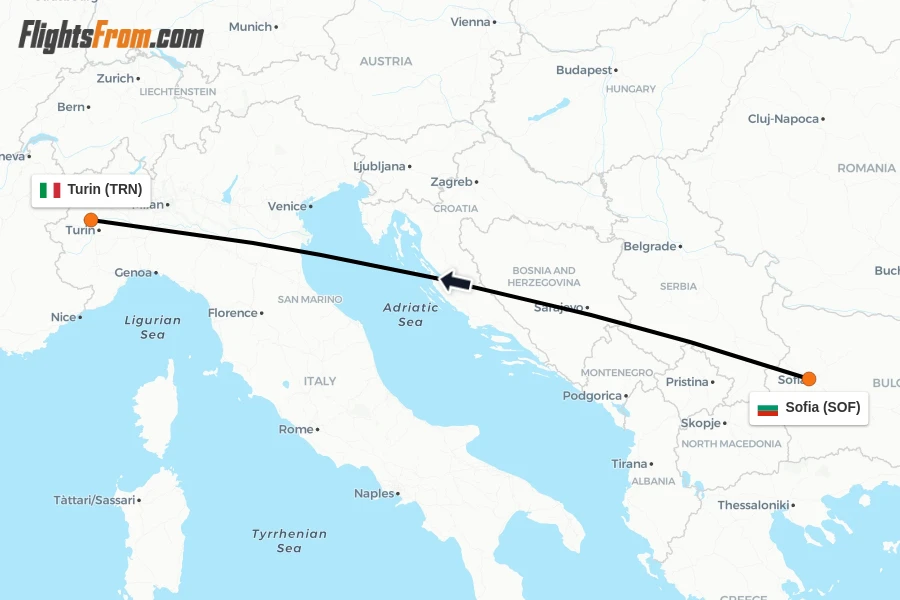 Flights from Sofia to Turin route map