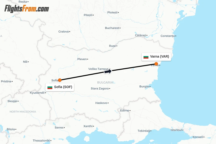 Flights from Sofia to Varna route map