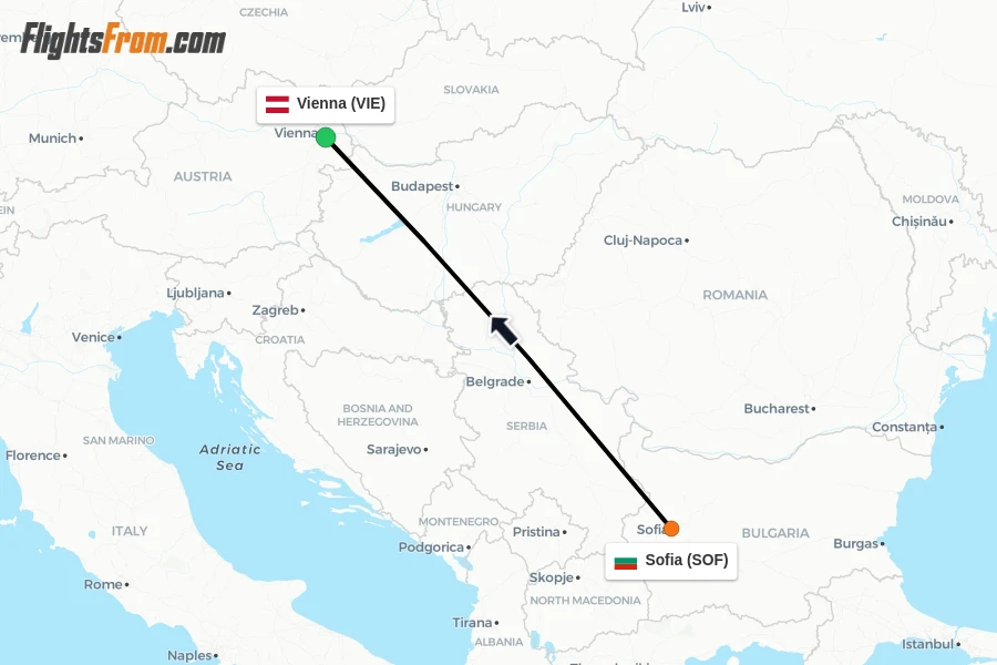 Flights from Sofia to Vienna route map