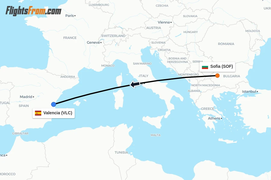 Flights from Sofia to Valencia route map