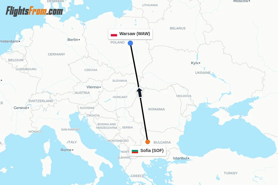 Flights from Sofia to Warsaw route map