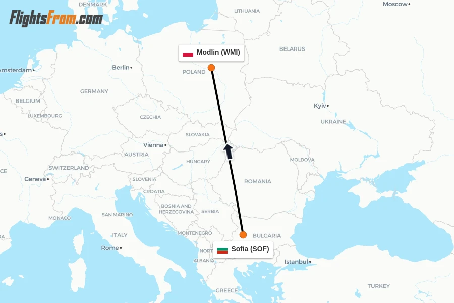 Flights from Sofia to Modlin route map