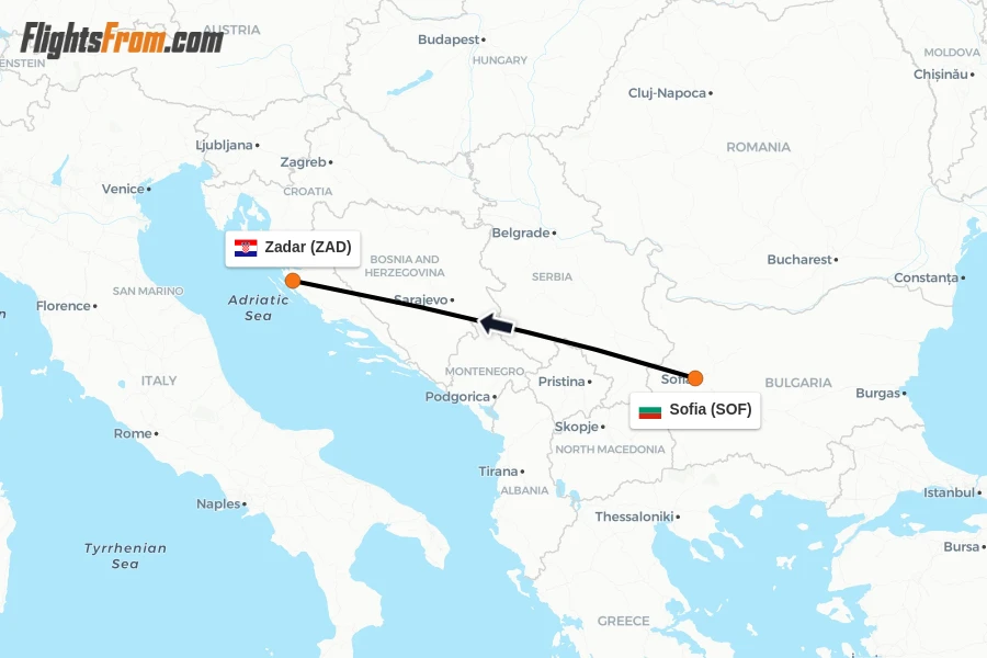 Flights from Sofia to Zadar route map