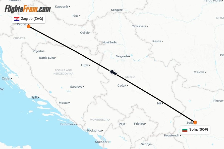 Flights from Sofia to Zagreb route map