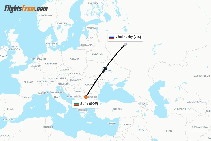 Flights from Sofia to Zhukovsky route map