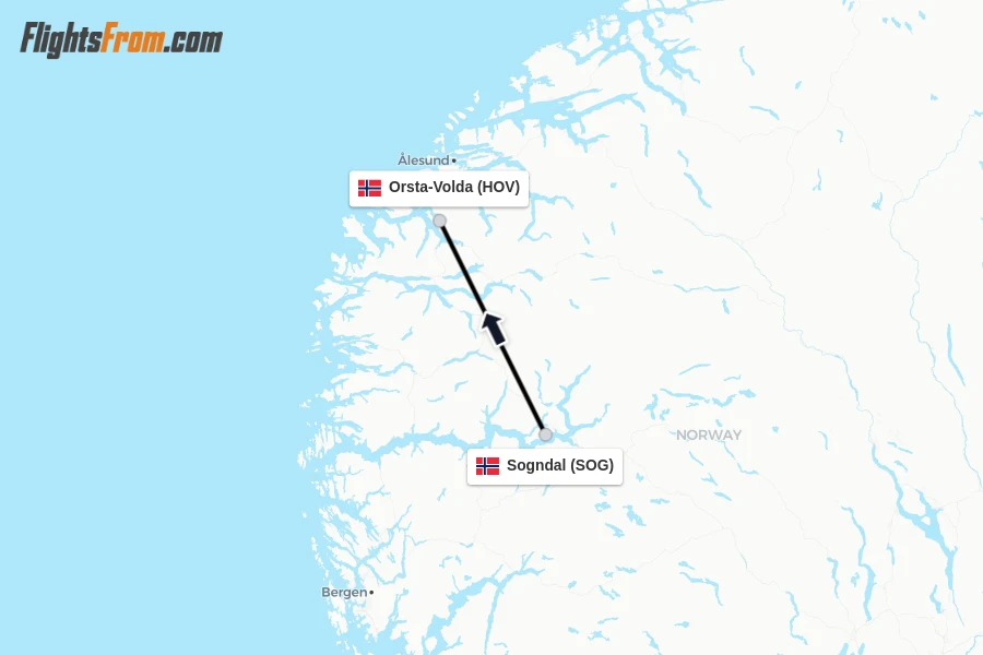 Flights from Sogndal to Orsta-Volda route map