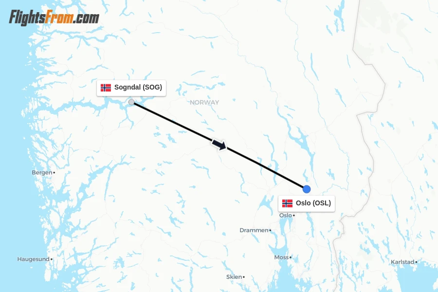 Flights from Sogndal to Oslo route map