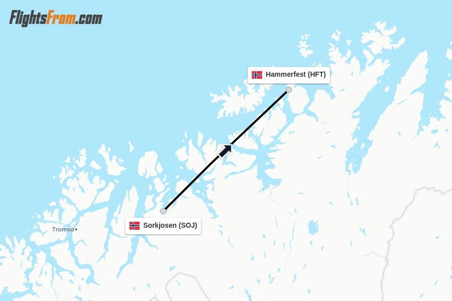 Flights from Sorkjosen to Hammerfest route map